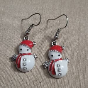 snowman enamel earrings, red hat & crystal buttons, festive Christmas earrings